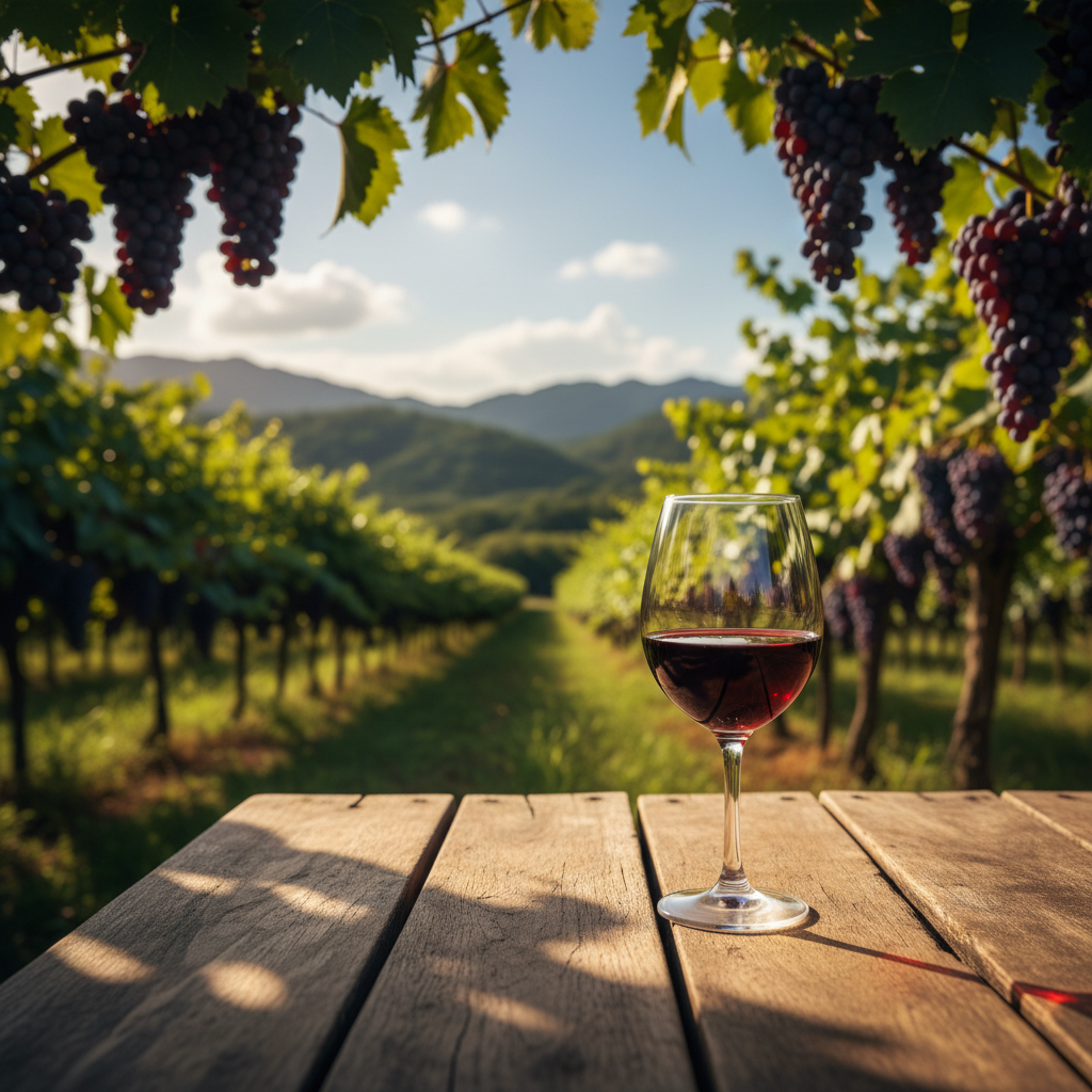 Vinhedo exuberante sob o sol tropical com uvas maduras e um copo de vinho tinto sobre um barril de madeira, simbolizando o potencial vinícola da Nigéria.