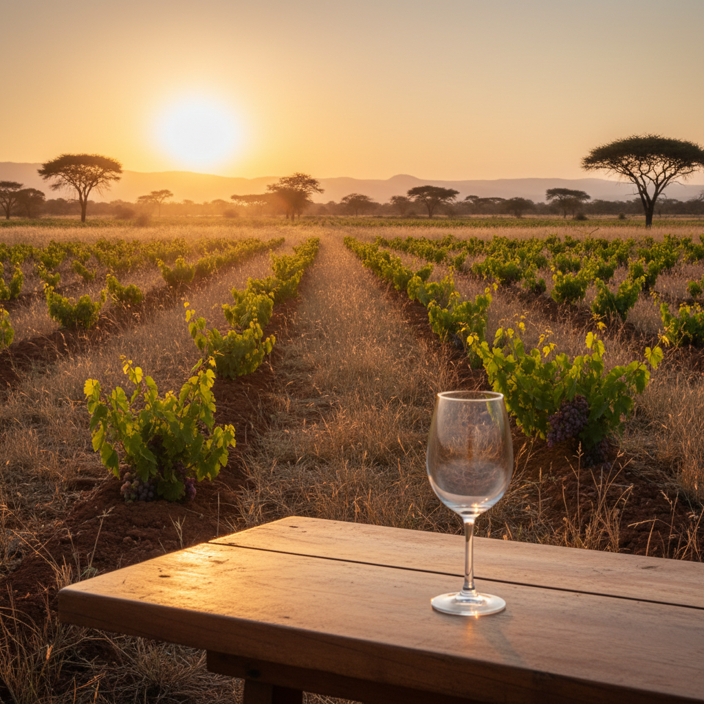 Vinhedo nascente na Nigéria, com um copo de vinho sob o sol, simbolizando o potencial e a luta da viticultura africana.