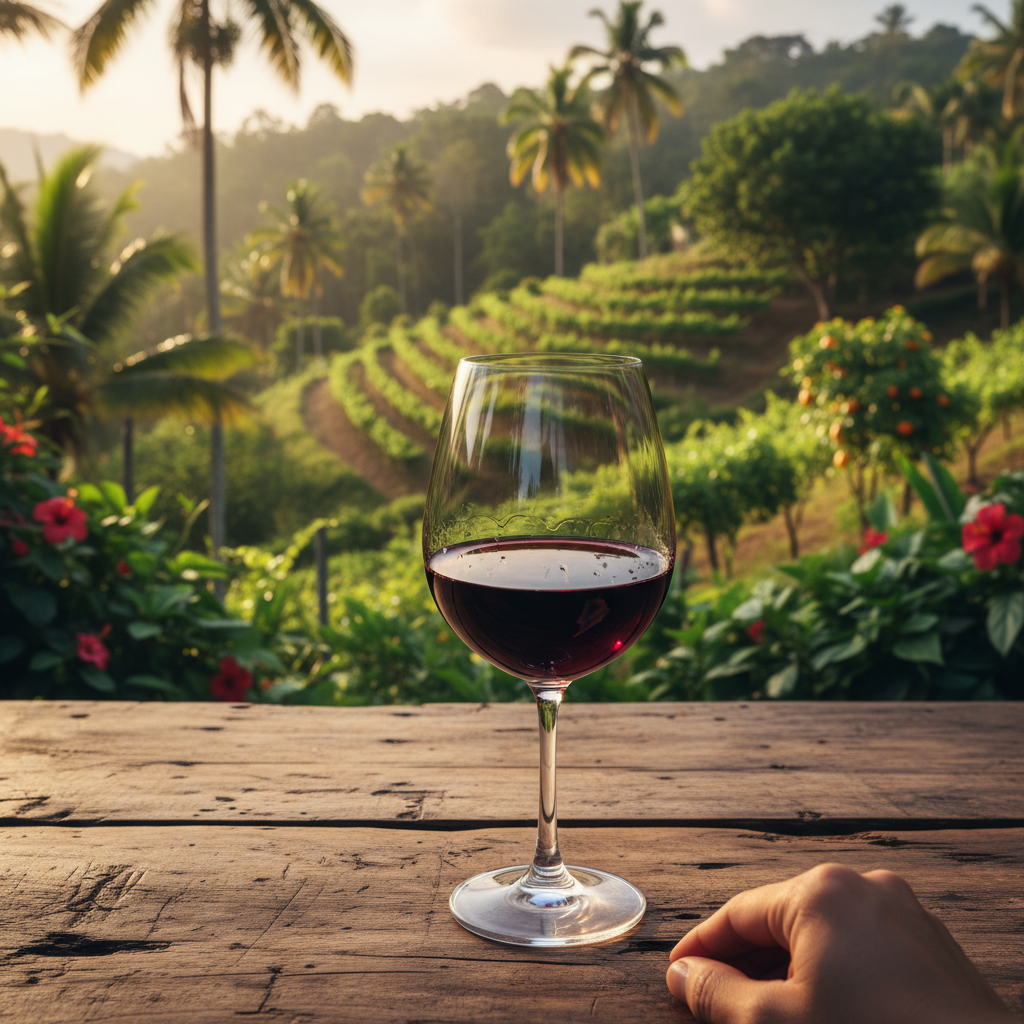 Taça de vinho tinto em ambiente tropical, com paisagem exuberante da África Ocidental ao fundo, evocando a degustação de vinhos nigerianos.