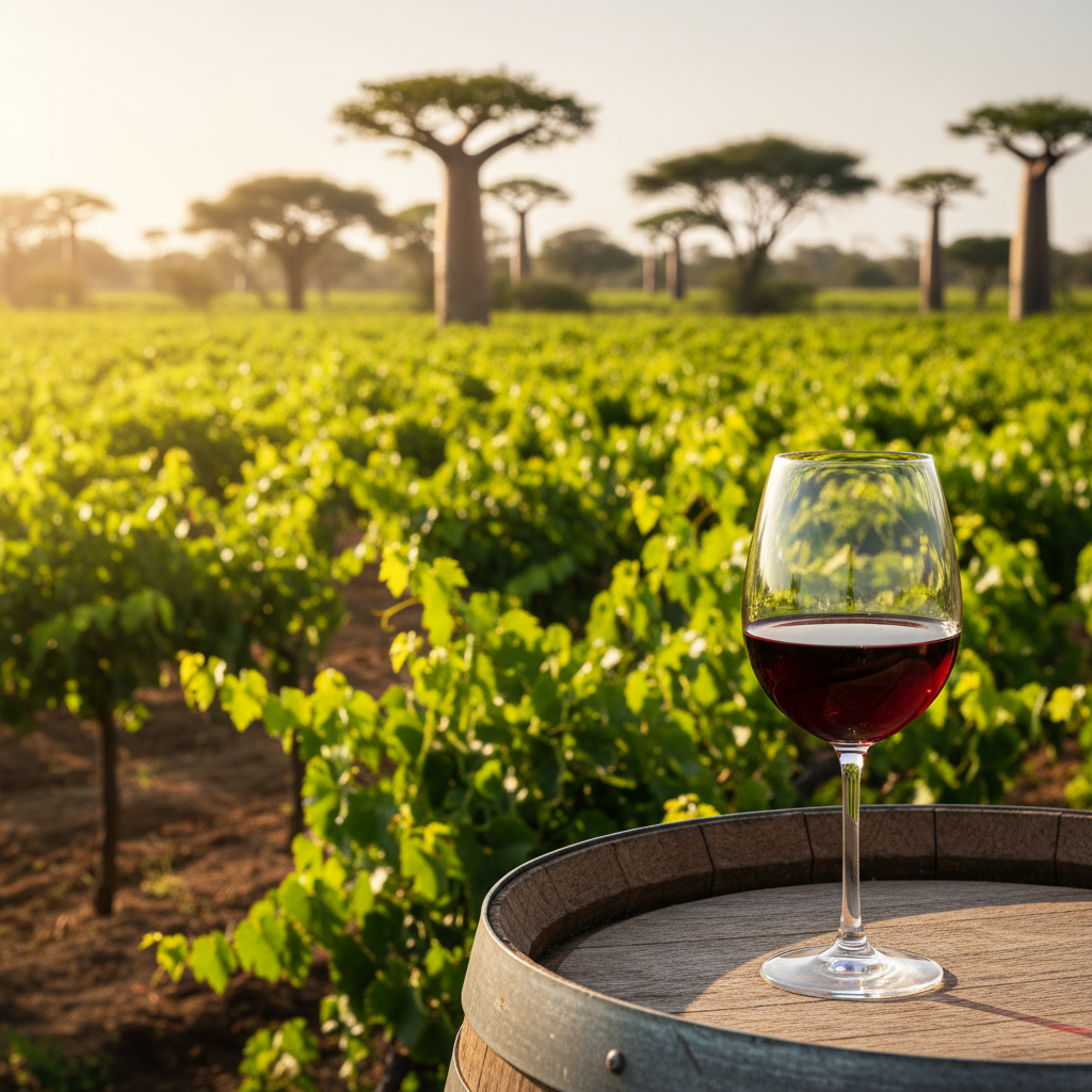 Vinhedo exuberante com videiras verdes sob o sol africano, um copo de vinho tinto repousando sobre um barril de madeira, com paisagem tropical ao fundo.