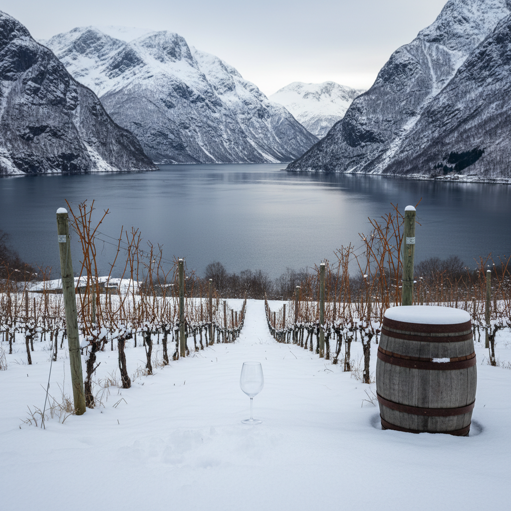 Vinhedo pioneiro coberto por neve leve em um fiorde norueguês com montanhas majestosas e águas calmas ao fundo, sugerindo o futuro da viticultura em climas frios.