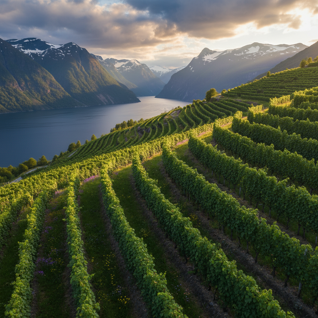 Vinhedo norueguês em paisagem de fiorde com montanhas nevadas ao fundo e luz nórdica.