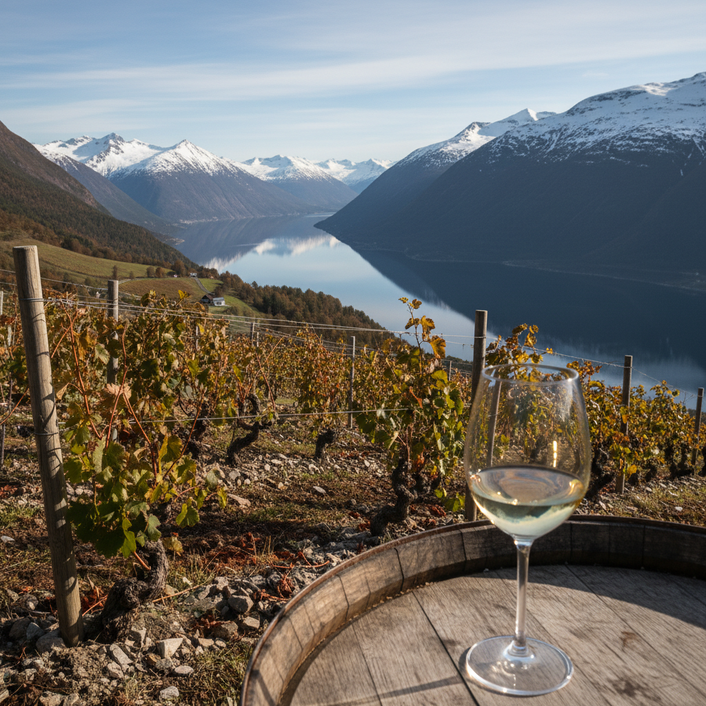 Vinhedo norueguês resiliente com montanhas nevadas ao fundo e uma taça de vinho elegante refletindo a paisagem nórdica.