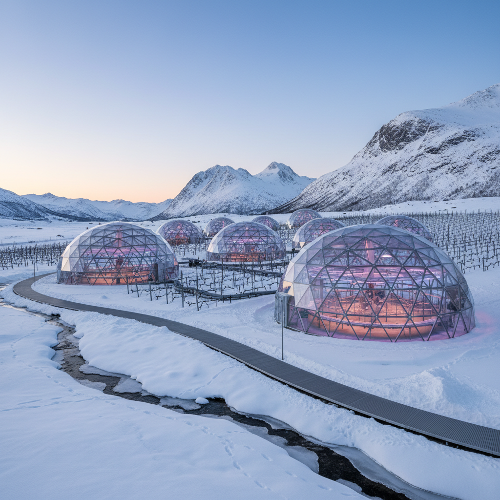 Vinhedo norueguês inovador com estufas e proteção tecnológica contra o frio, sob um céu azul e montanhas nevadas ao fundo.