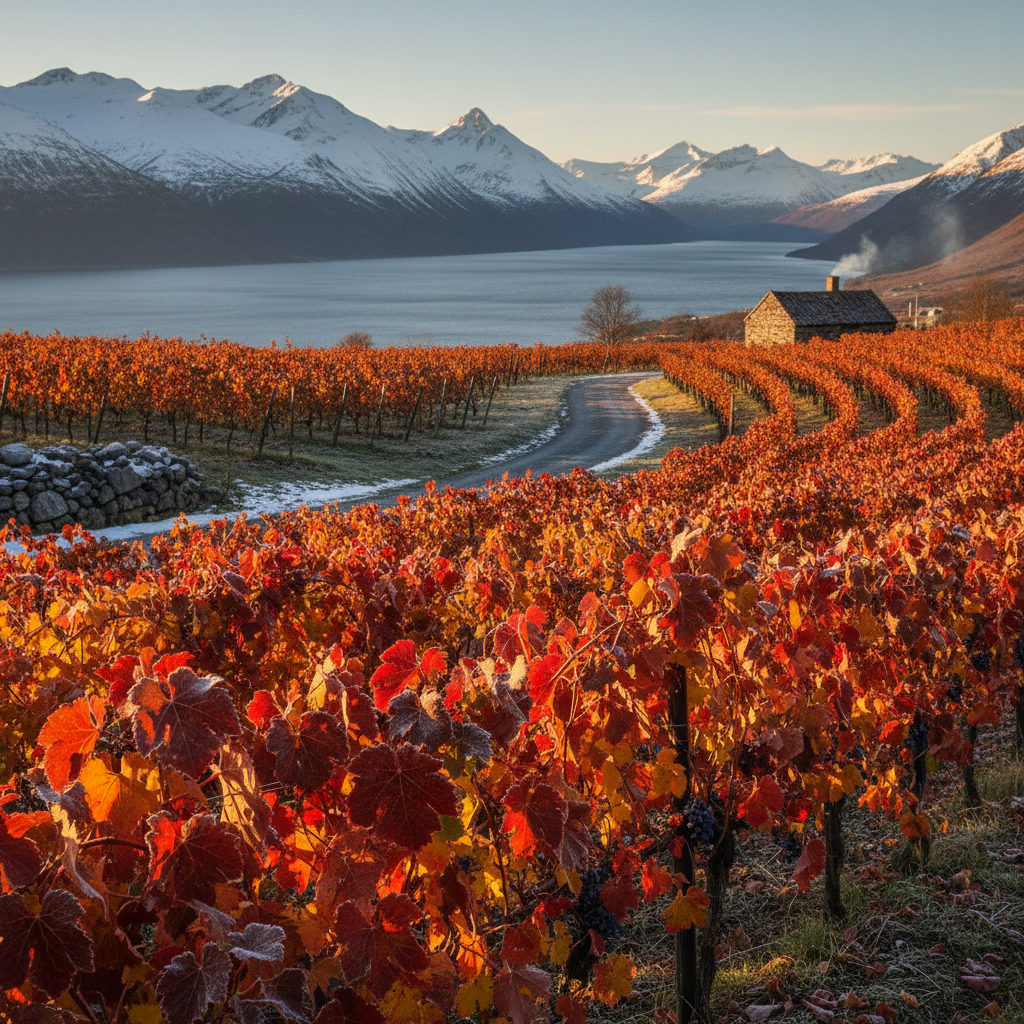Vinhedo resiliente em paisagem ártica norueguesa, com montanhas ao fundo e vinhas adaptadas ao frio.
