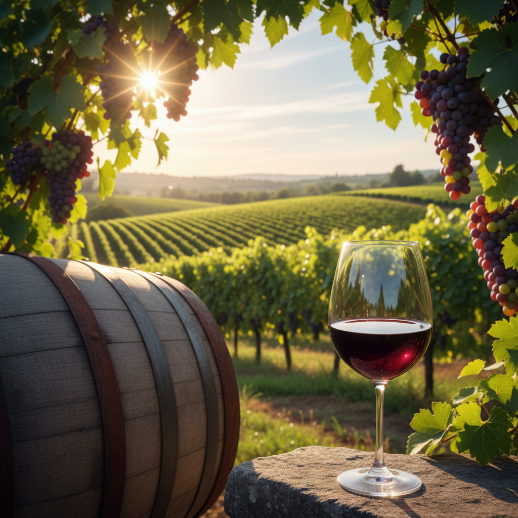 Copo de vinho tinto em um vinhedo saudável sob o sol, com barris de madeira ao fundo, representando a filosofia dos vinhos orgânicos, biodinâmicos e naturais.