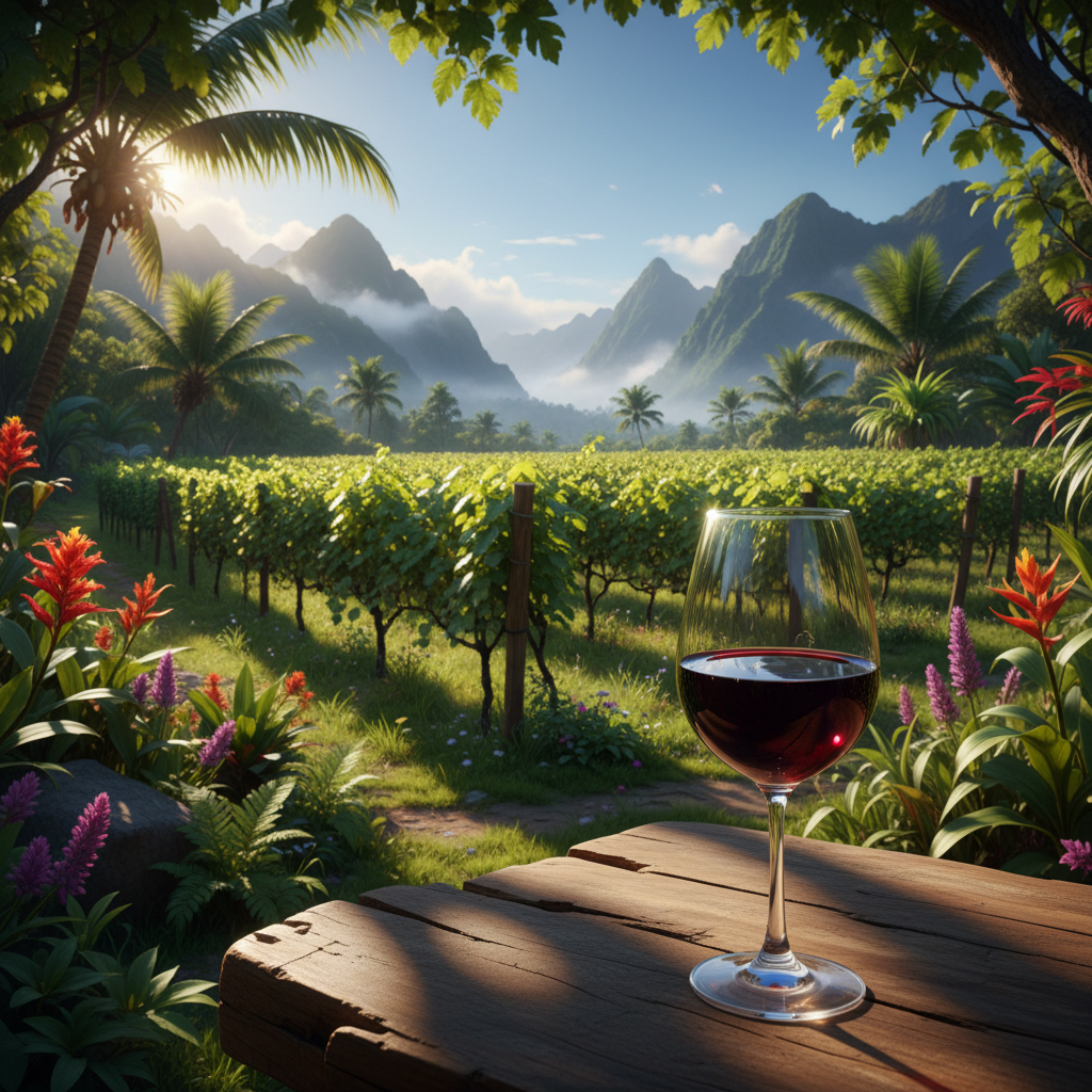 Vinhedo exuberante em paisagem tropical com uma taça de vinho tinto sobre mesa rústica, sob luz solar.
