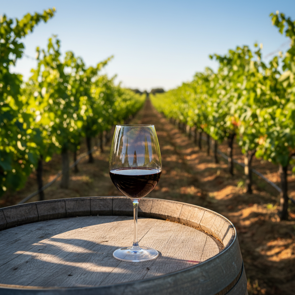 Vinhedo ensolarado com taça de vinho em barril, simbolizando o crescimento da viticultura e seu impacto econômico no Paraguai.