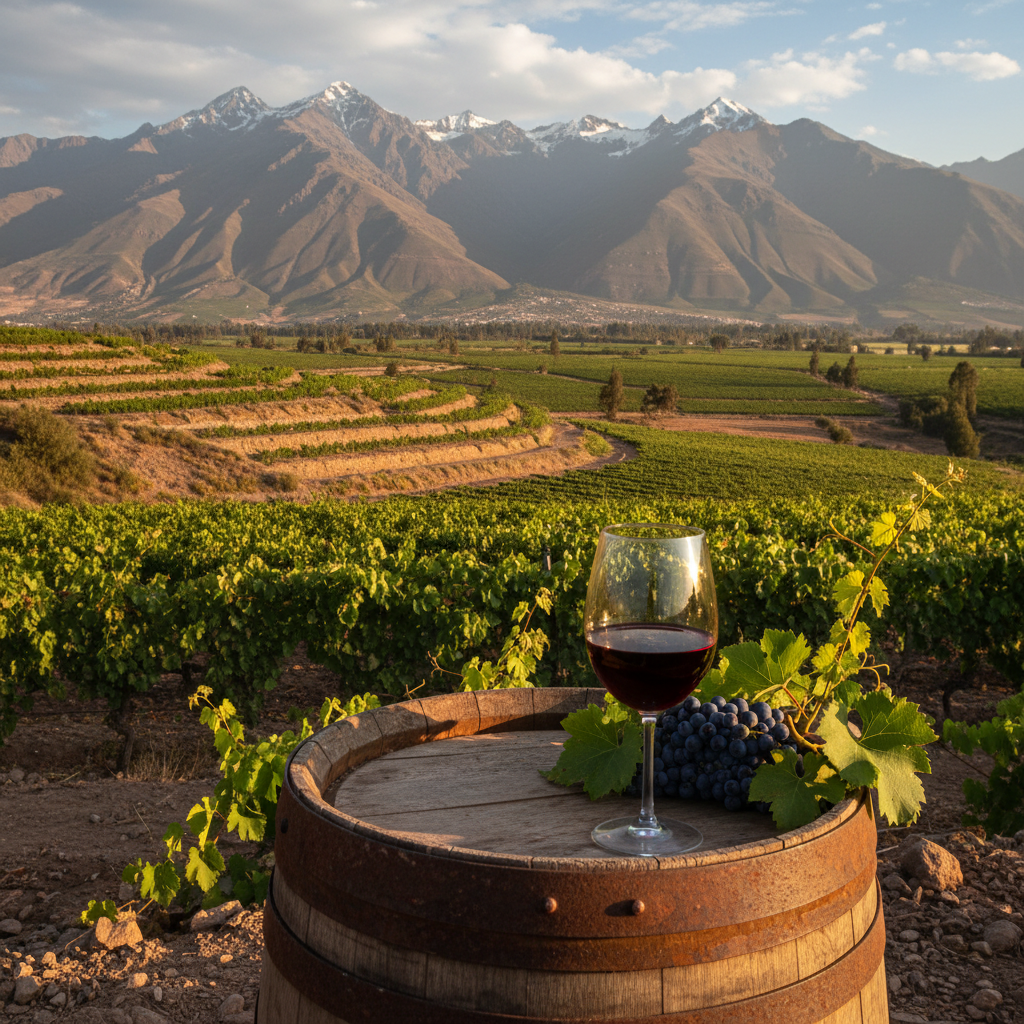 Vinhedo de altitude exuberante no sul do Peru, com um barril de madeira rústico e uma taça de vinho tinto, destacando a beleza e o potencial das regiões vinícolas de Moquegua e Tacna.