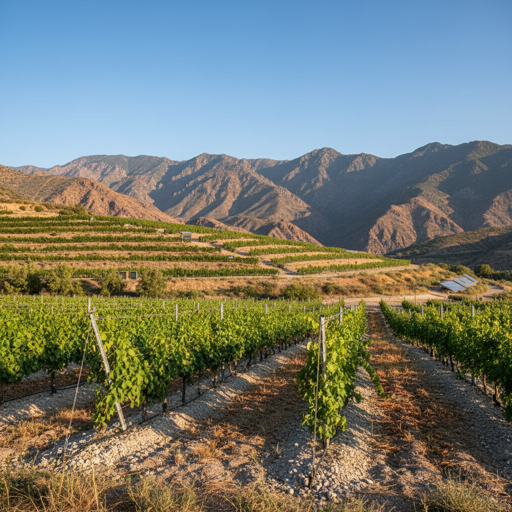 Vinhedo sustentável no Peru, com montanhas áridas ao fundo, simbolizando a inovação e o futuro da viticultura peruana.