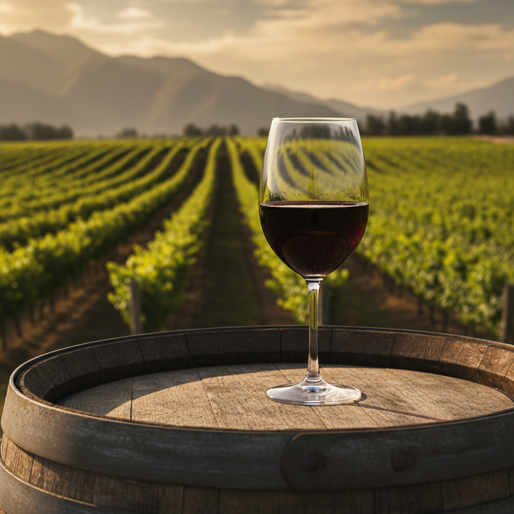 Taça de vinho tinto cristalina sobre barril de madeira rústico, com vinhedo peruano ensolarado e montanhas ao fundo.
