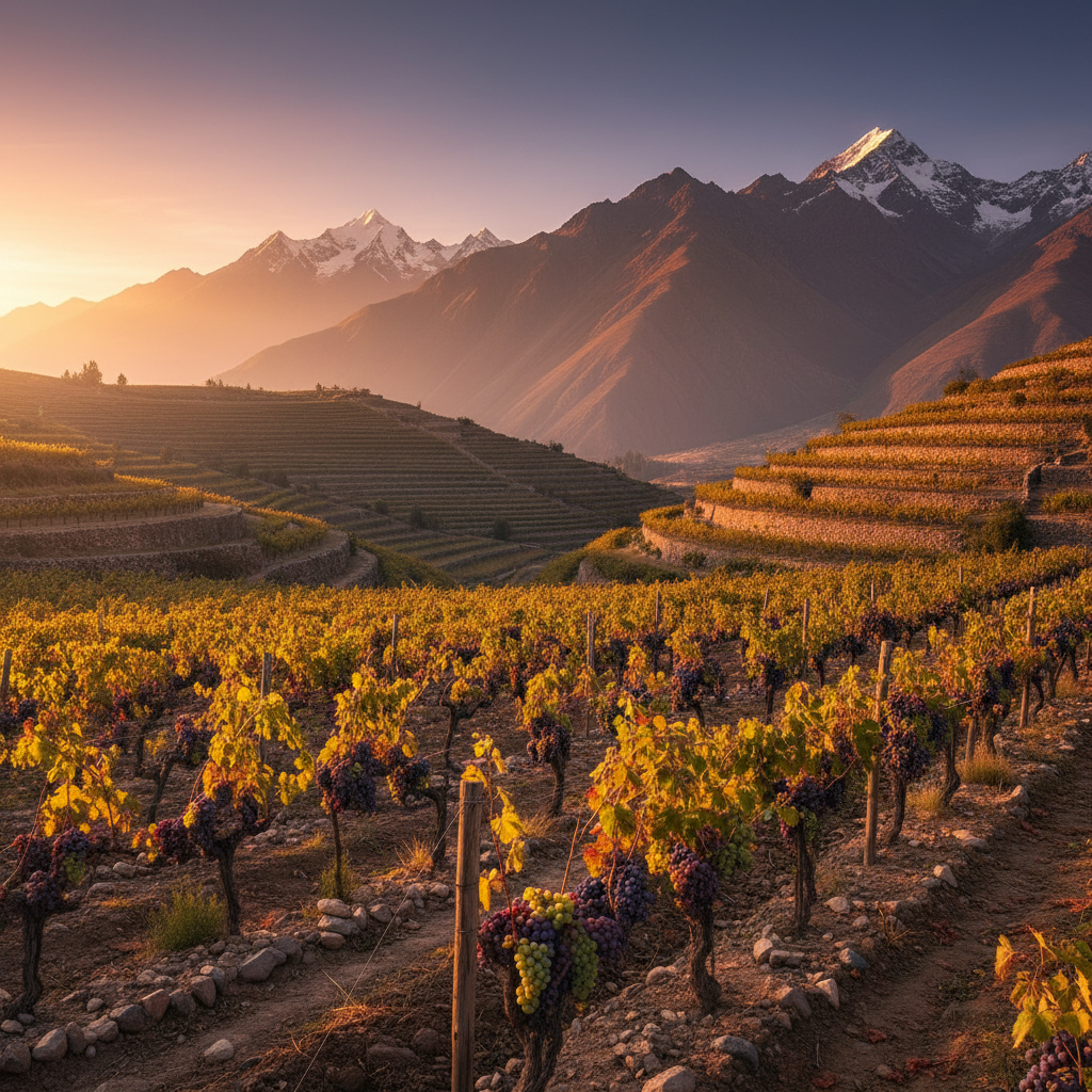 Vinhedo de alta altitude nos Andes peruanos ao pôr do sol, com fileiras de videiras exuberantes e montanhas majestosas ao fundo.
