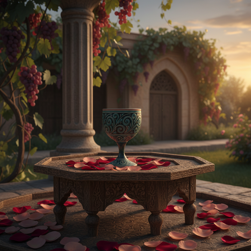 Taça de vinho decorativa em jardim persa antigo ao entardecer, com pétalas de rosa e arquitetura tradicional ao fundo.
