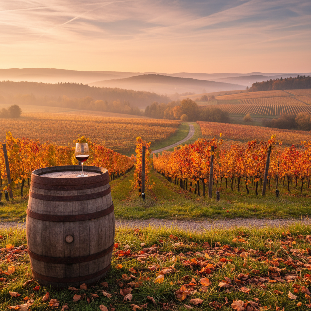 Vinhedo polonês na época da colheita, com um barril de madeira e taça de vinho, representando a rota do vinho na Polônia.