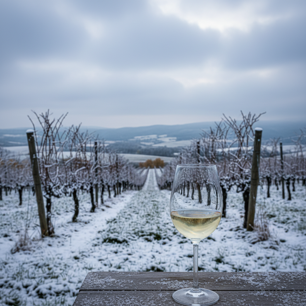 Vinhedo polonês sob neve leve com uma taça de vinho branco em primeiro plano, simbolizando a viticultura de clima frio.