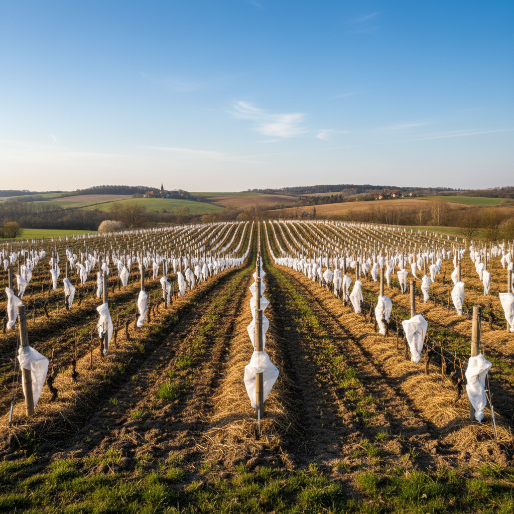 Vinhedo polonês com técnicas de proteção contra o frio, representando a resiliência e inovação da viticultura na Polônia.