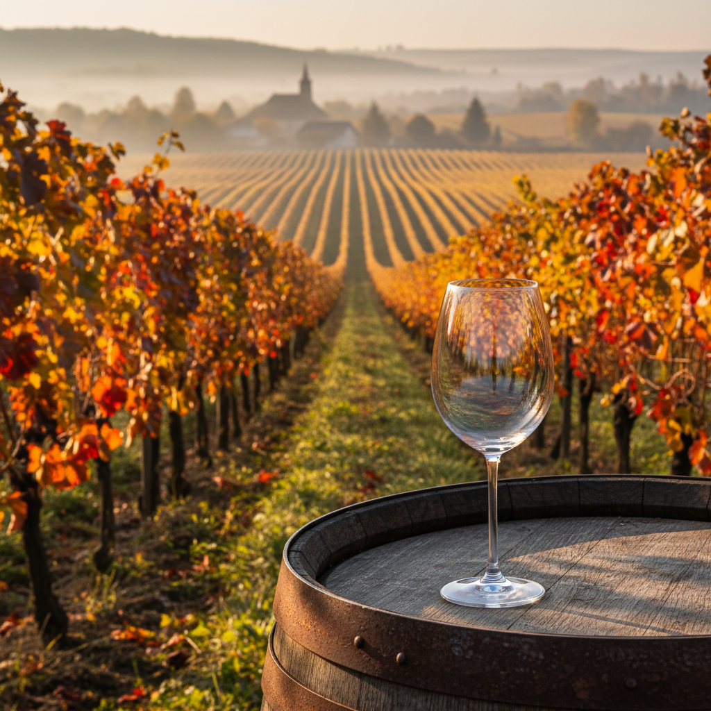 Vinhedo polonês ao amanhecer no outono com taça de vinho e barril, simbolizando a beleza e a tradição vinícola da Polônia.