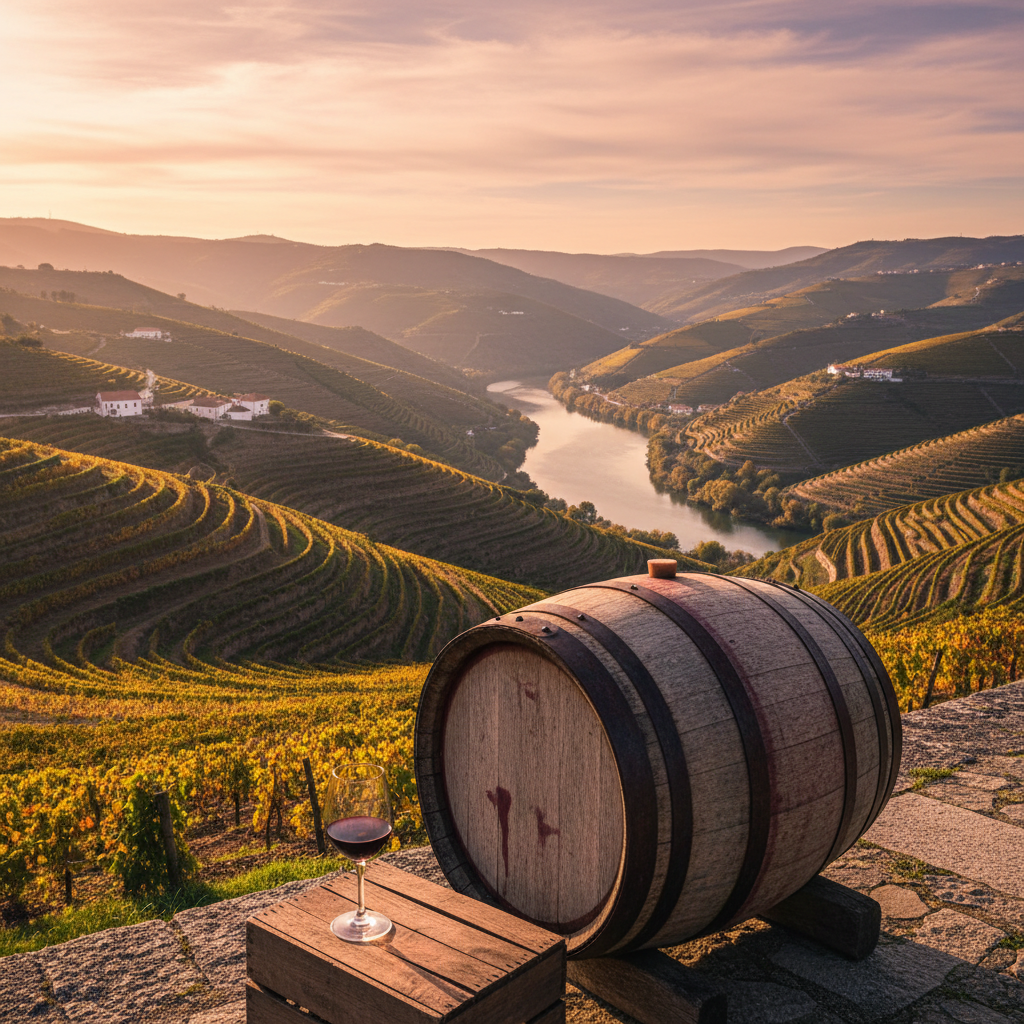 Vinhedos exuberantes do Vale do Douro ao pôr do sol, com um barril de vinho tradicional e uma taça, simbolizando a riqueza vinícola da região.