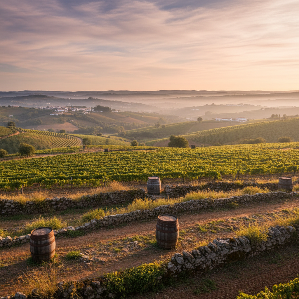 Vinhedo português exuberante ao pôr do sol, com ruínas romanas ao fundo e barris de carvalho, simbolizando a jornada histórica do vinho.