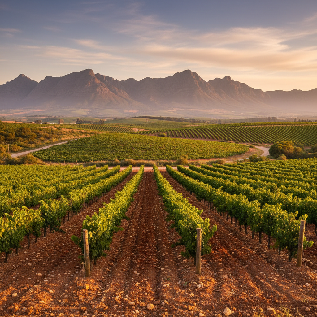 Vinhedo exuberante sob o sol africano, simbolizando o potencial da viticultura no continente.
