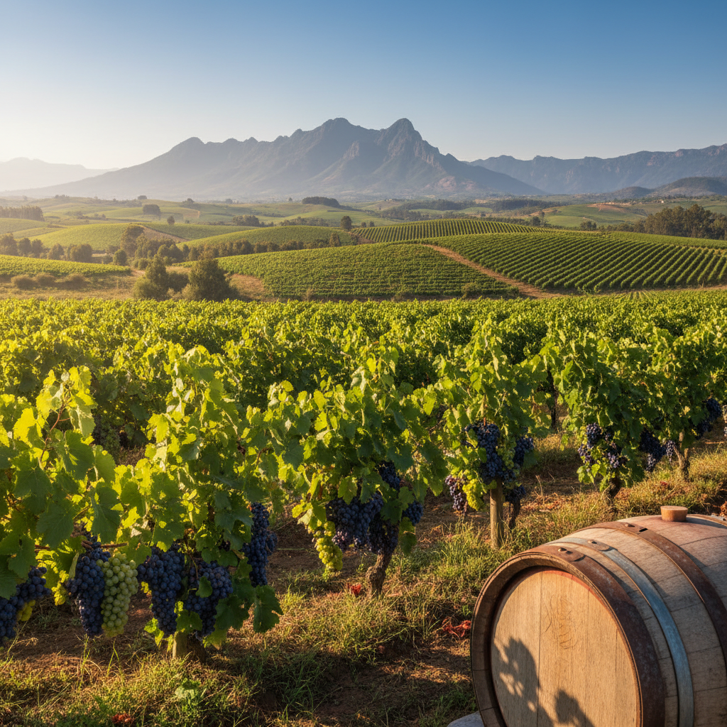 Vinhedo exuberante nas terras altas do Quênia, com parreiras carregadas de uvas e um barril de vinho em primeiro plano, sob um céu azul, transmitindo a beleza e o potencial da viticultura queniana.