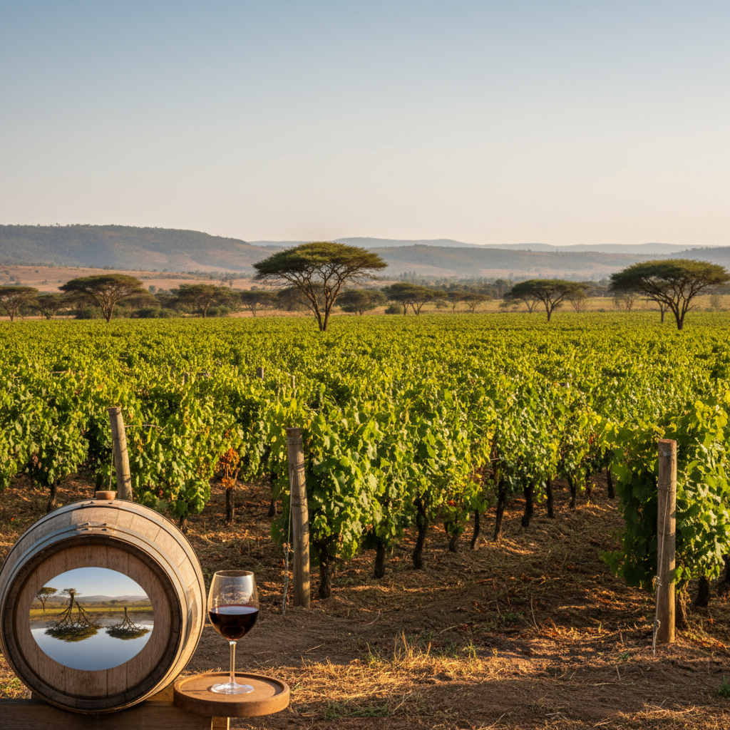 Vinhedo queniano com videiras verdes sob o sol africano, ao fundo árvores de acácia e colinas da savana. Em primeiro plano, um barril de vinho de madeira rústica e uma taça de vinho tinto, refletindo a paisagem.