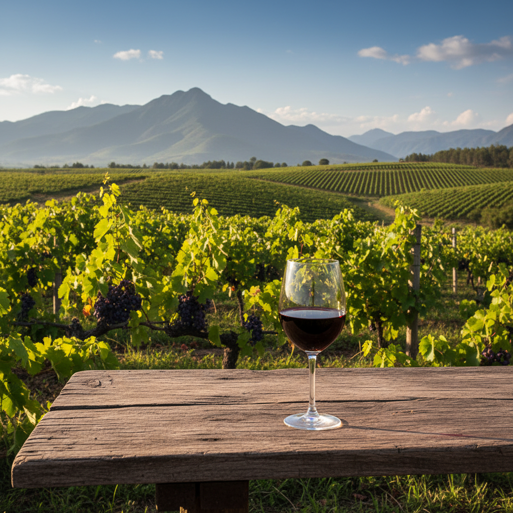 Vinhedo exuberante nas terras altas do Quênia com uma taça de vinho tinto em primeiro plano e montanhas ao fundo.
