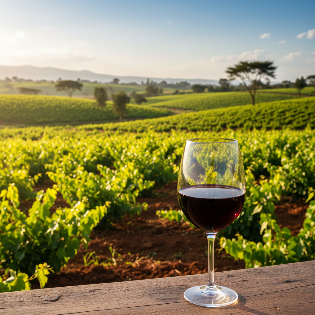 Vinhedo exuberante nas terras altas do Quênia sob o sol equatorial, com uma taça de vinho tinto em primeiro plano, simbolizando a viticultura única da região.