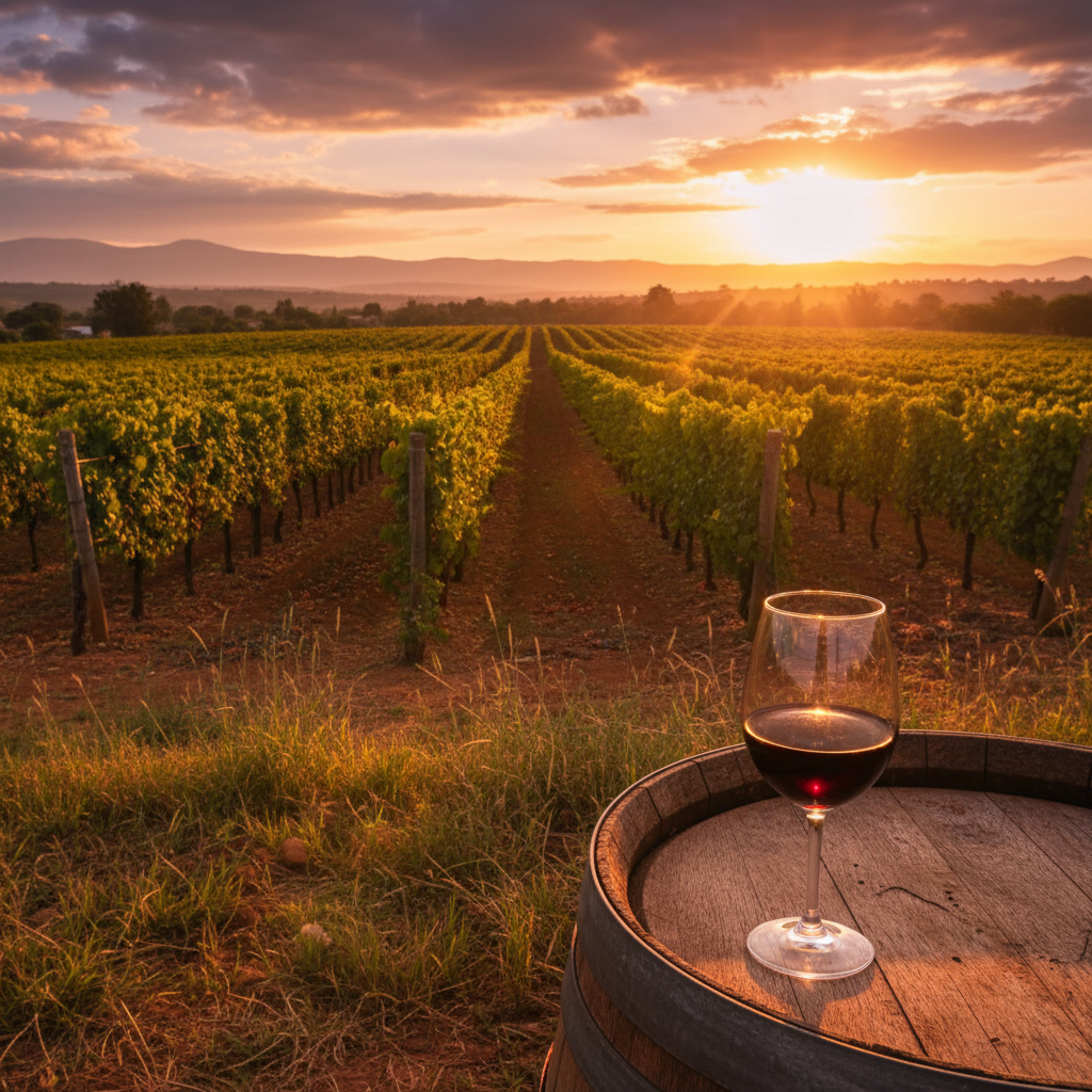 Vinhedo exuberante nas terras altas do Quênia ao pôr do sol, com um copo de vinho tinto sobre um barril de madeira.