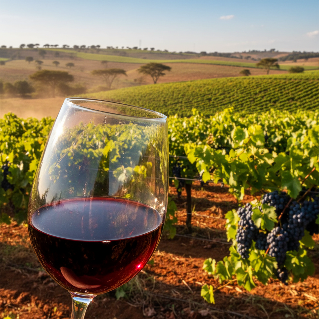Vinhedo exuberante no Quênia com uma taça de vinho tinto, destacando a viticultura africana.