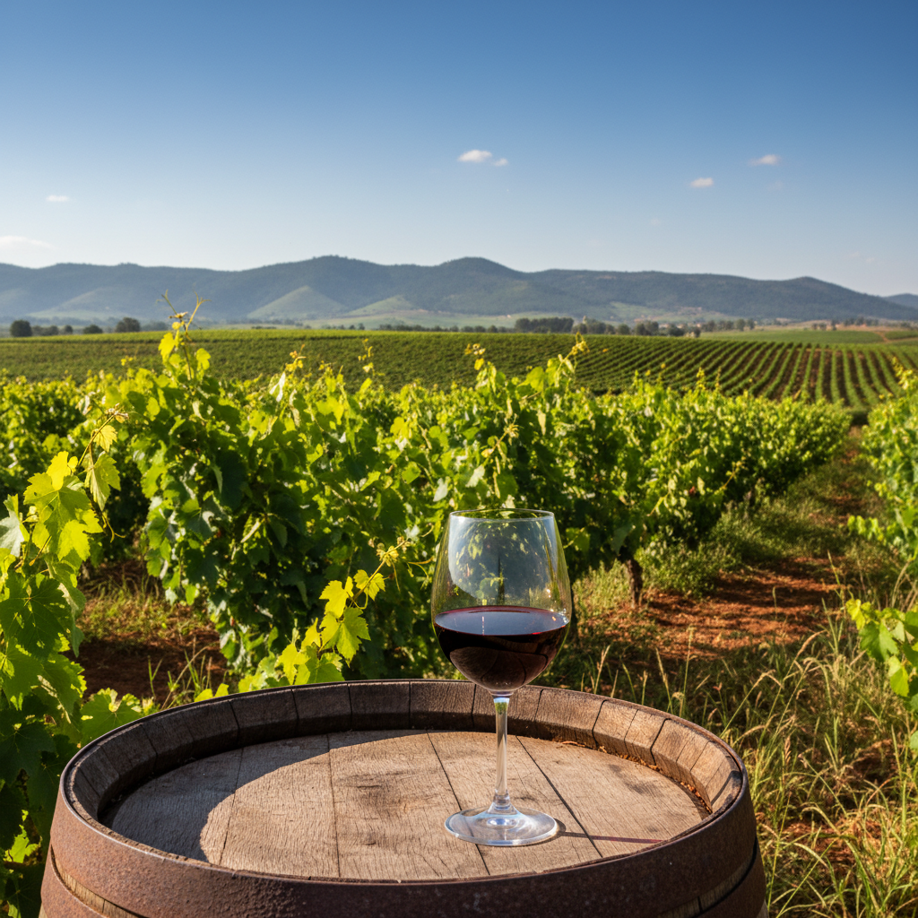 Vinhedo exuberante no Quênia com uma taça de vinho tinto sobre um barril de madeira, refletindo a paisagem africana.