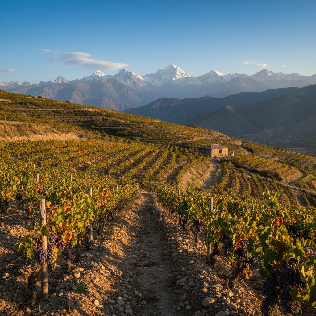 Vinhedo de alta altitude nas montanhas do Quirguistão, mostrando a beleza natural e o terroir único da região.