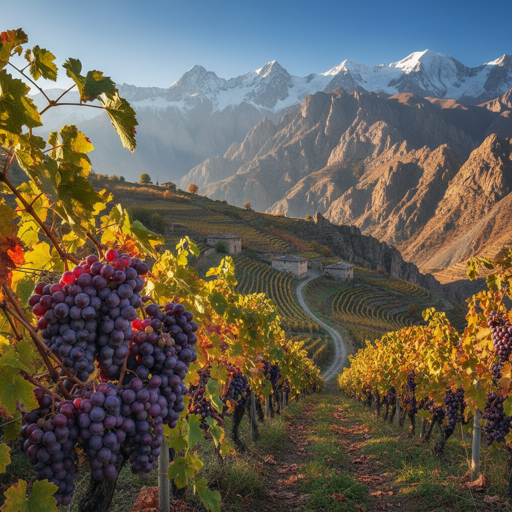Vinhedo de alta altitude nas montanhas do Quirguistão com uvas maduras, destacando o terroir único da região e o potencial vinícola.