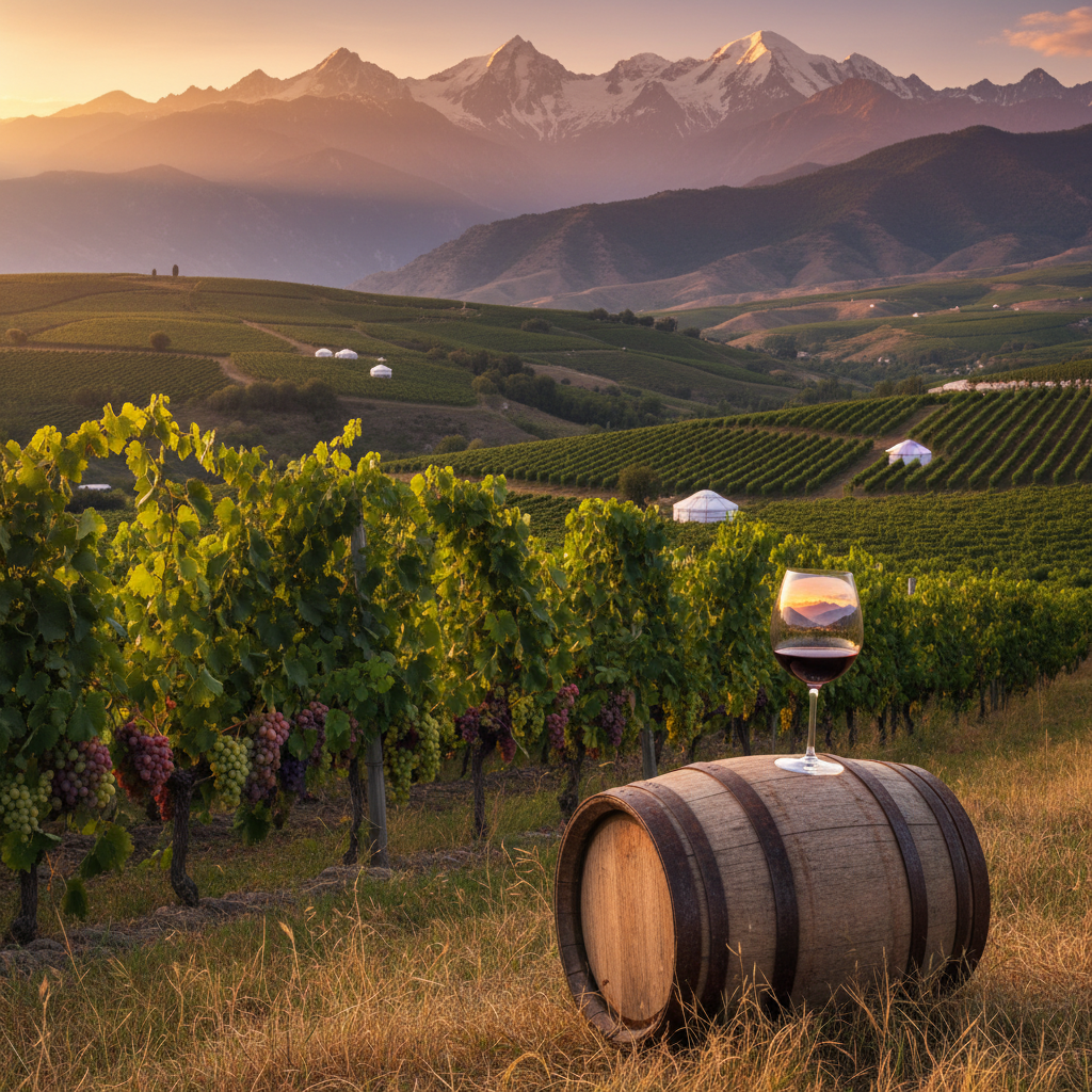 Vinhedo exuberante nas montanhas do Quirguistão ao pôr do sol, com barril de vinho e taça refletindo a paisagem.