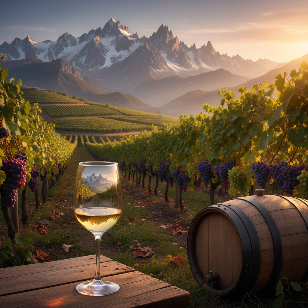 Vinhedo exuberante nas montanhas do Quirguistão ao pôr do sol, com uma taça de vinho elegante e um barril de madeira, simbolizando a viticultura emergente na Ásia Central.