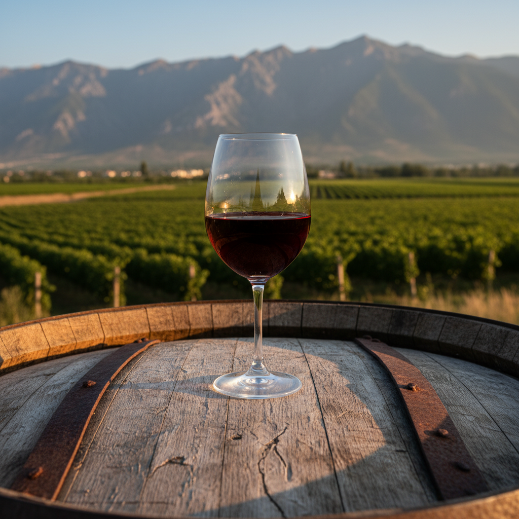 Taça de vinho tinto sobre barril de madeira com vinhedo quirguiz e montanhas ao fundo, transmitindo uma sensação de descoberta.