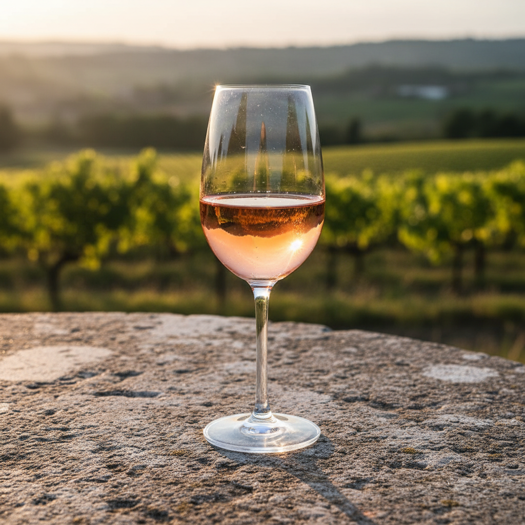 Taça de vinho rosé com cor única sobre mesa de pedra em vinhedo ao pôr do sol.