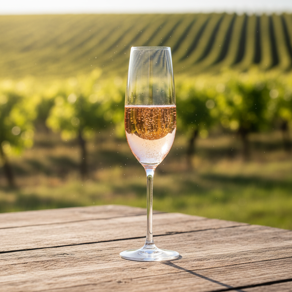 Taça elegante de vinho rosé espumante com bolhas delicadas, posicionada sobre uma mesa de madeira rústica em um vinhedo ensolarado.