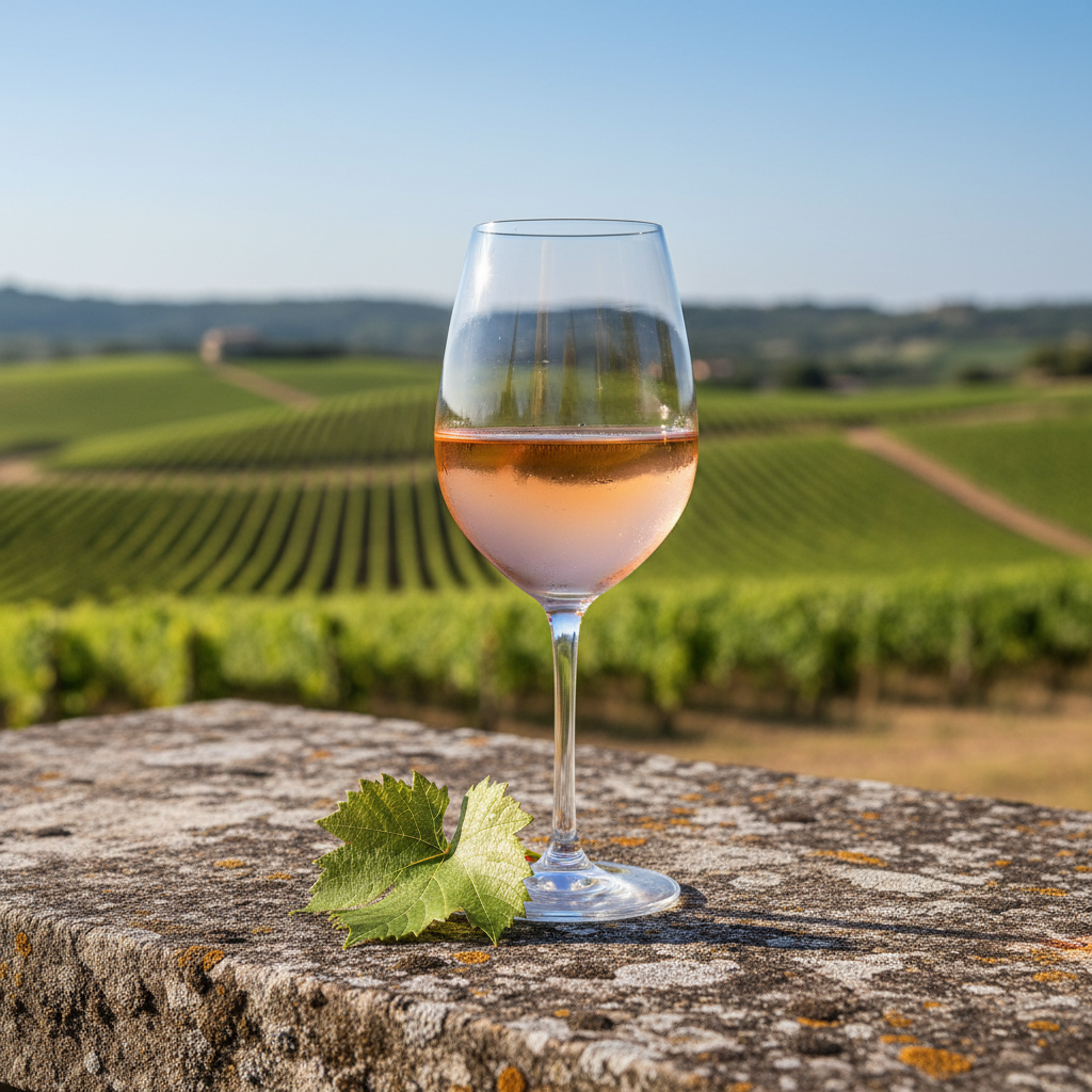 Taça de vinho rosé pálido e fresco sobre mesa de pedra, com vinhedo ensolarado ao fundo.
