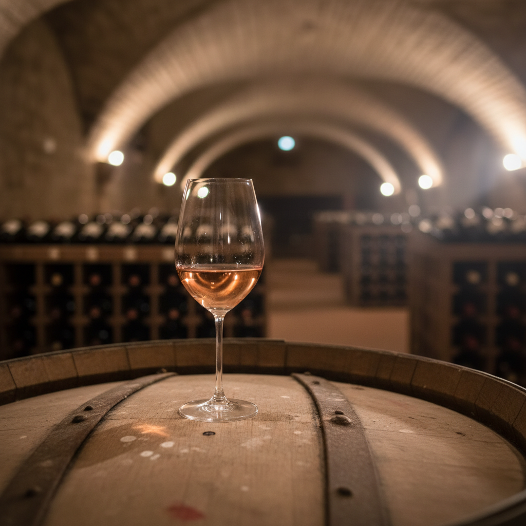 Taça de vinho rosé sobre um barril de madeira em uma adega escura, simbolizando o armazenamento e a longevidade do vinho.