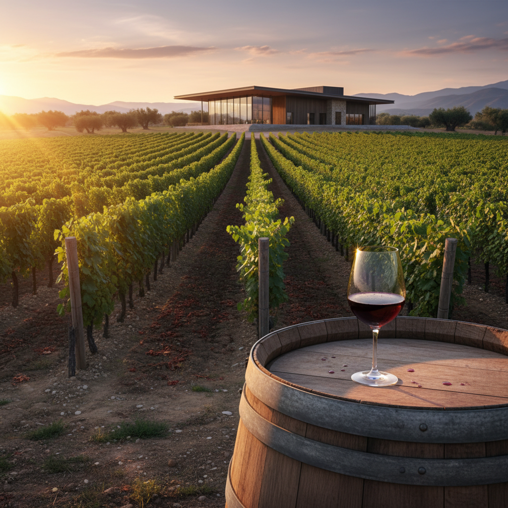 Vinhedo russo moderno ao pôr do sol, com taça de vinho tinto sobre um barril de madeira, simbolizando a transição da história soviética para a qualidade contemporânea.