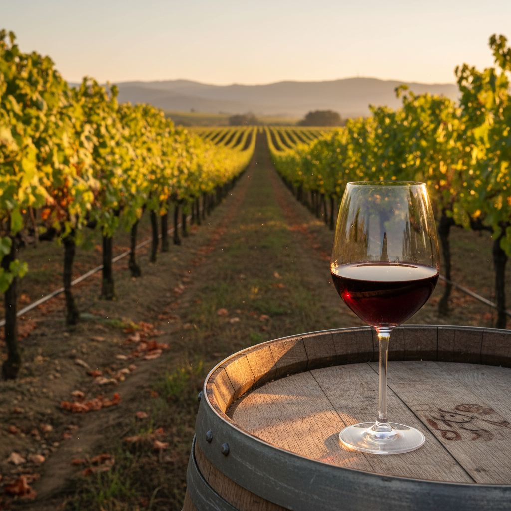 Vinhedo exuberante com taça de vinho tinto sobre barril de carvalho ao entardecer