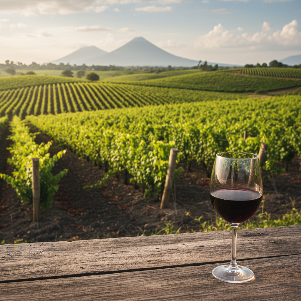 Vinhedo exuberante em El Salvador ao pôr do sol, com uma taça de vinho tinto sobre uma mesa de madeira rústica com vista para as parreiras.
