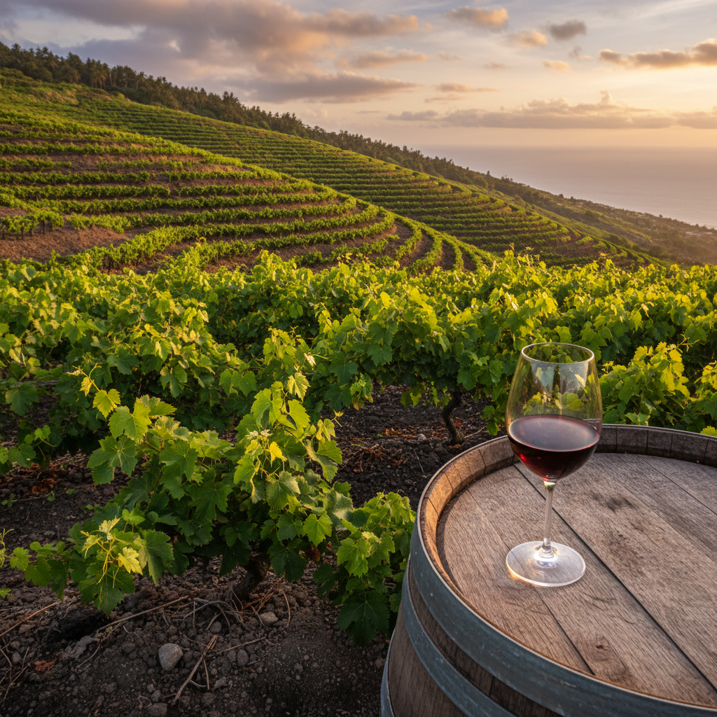 Vinhedo verde exuberante em encosta vulcânica de El Salvador, com uma taça de vinho tinto sobre um barril de madeira, simbolizando o potencial de investimento e o terroir único.