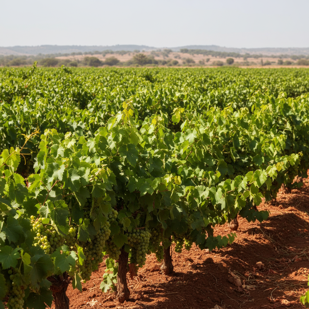 Vinhedo exuberante sob o sol tropical do Senegal, com uvas verdes e folhagem densa, demonstrando a adaptação da viticultura ao clima quente e úmido.