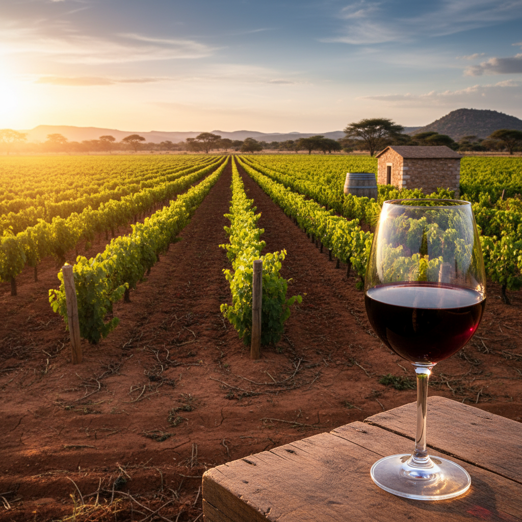 Vinhedo senegalês vibrante sob o sol, com taça de vinho tinto em primeiro plano e barril de madeira ao fundo, simbolizando o potencial da viticultura emergente na África.