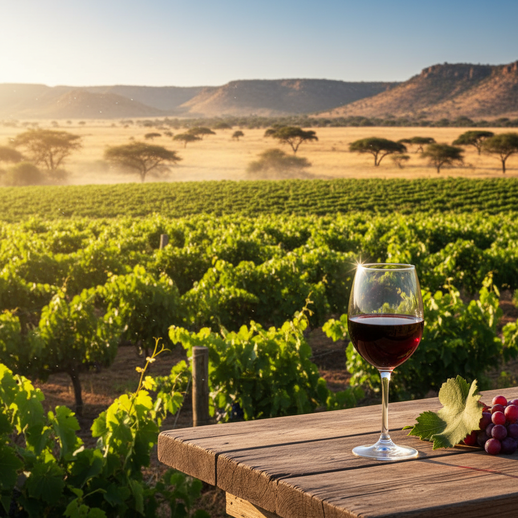 Vinhedo verde exuberante no Senegal sob o sol tropical, com um copo de vinho tinto em uma mesa rústica.