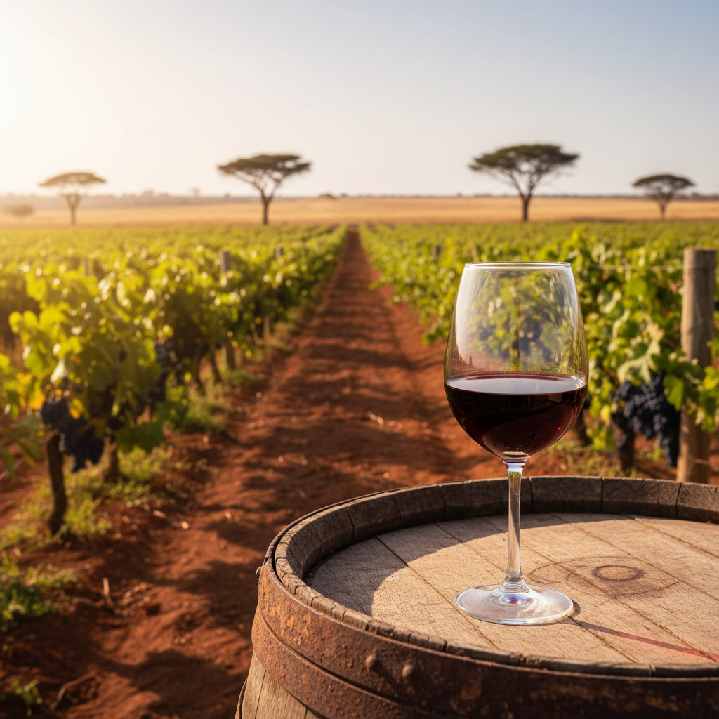Vinhedo senegalês sob o sol, com taça de vinho tinto e barril de madeira, refletindo o terroir único da África.