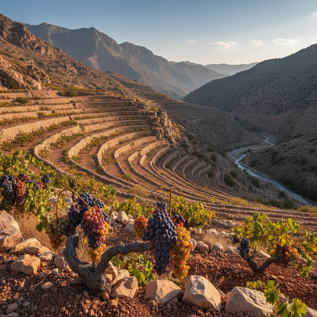 Vinhedos em socalcos antigos na Síria, com cachos de uvas maduras sob o sol, destacando a rica tradição vitivinícola da região.