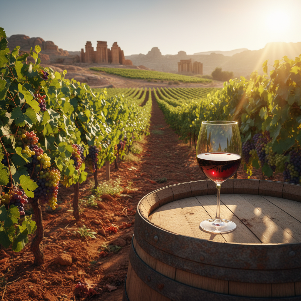 Vinhedo sírio vibrante com parreiras saudáveis sob o sol, ruínas antigas ao fundo e uma taça de vinho tinto sobre um barril de madeira, simbolizando esperança e renovação.